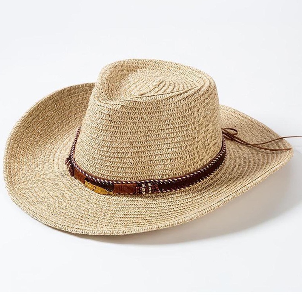 Cowboy Style Straw Hat with Gold Feather, Leather, and Beading Details